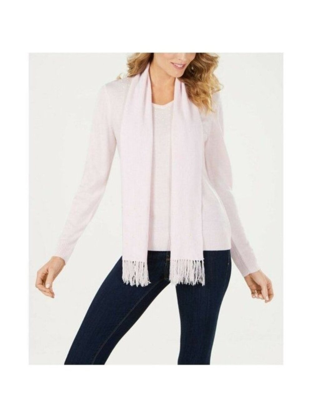 Karen Scott Womens Pink Ice Long Sleeve Embellished Scarf Sweater Set Size XL